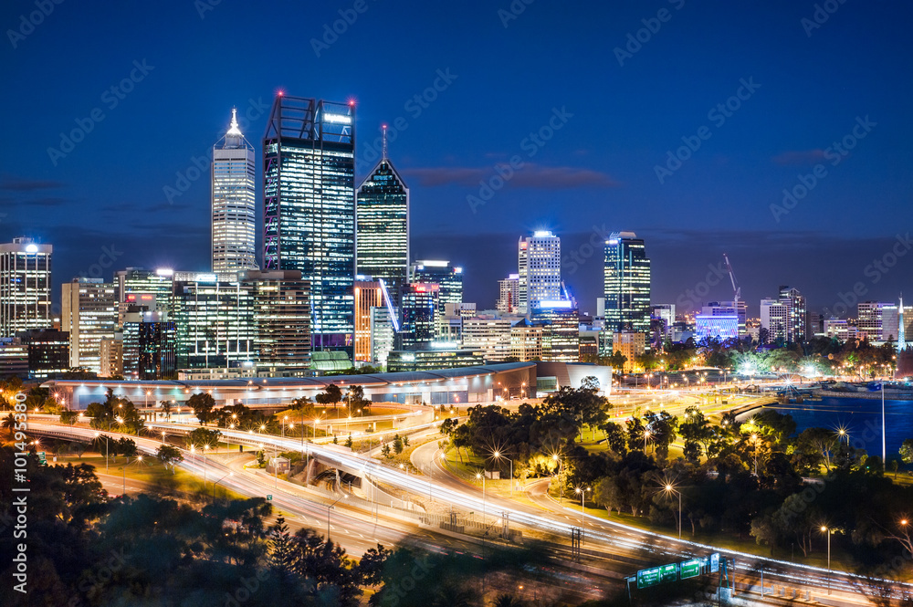 Night view with skyscrapers and  light trails in Perth, Australia