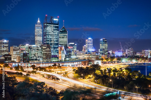 Night view with skyscrapers and  light trails in Perth, Australia © choikh