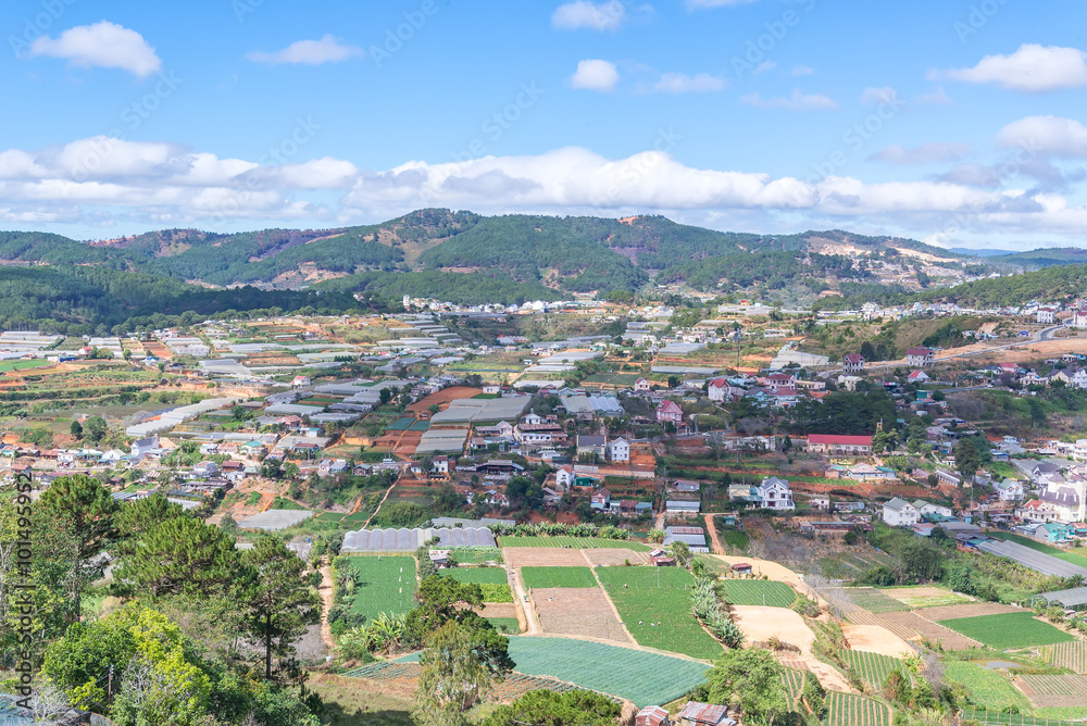 Colorful Dalat city from high view in early morning view from ca