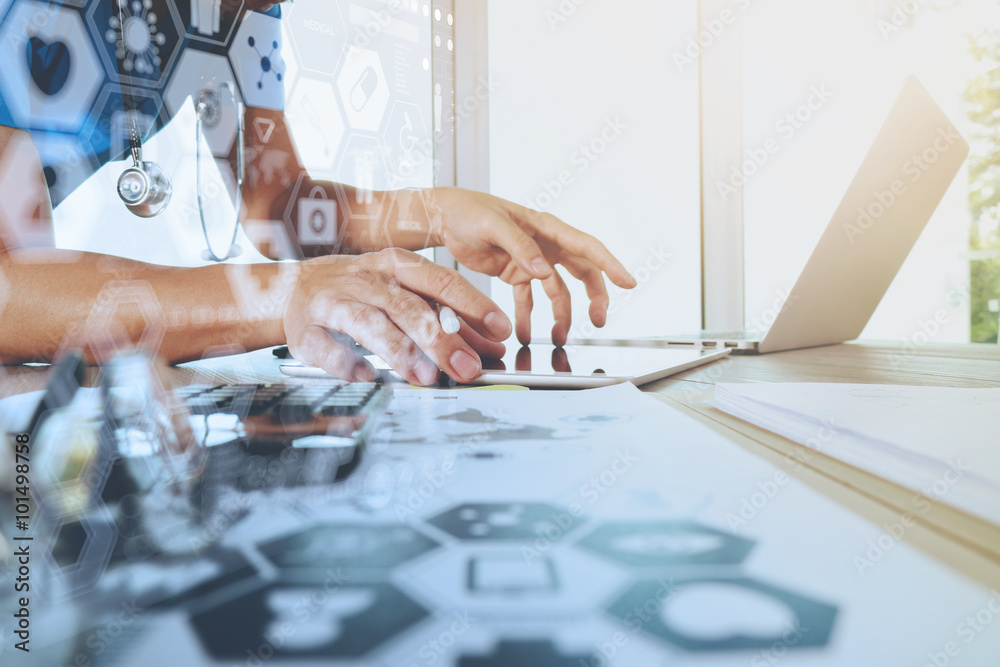 Medicine doctor hand working with modern computer with digital m Medicine doctor hand working with modern computer with digital m