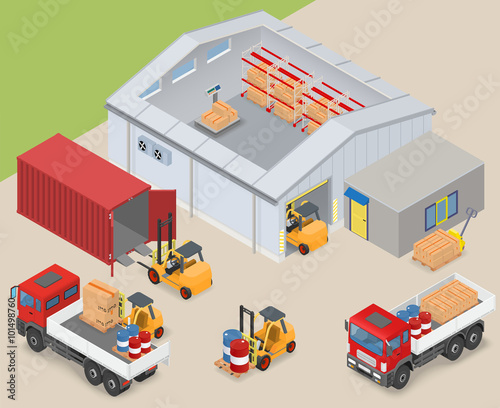 Isometric warehouse industrial scene