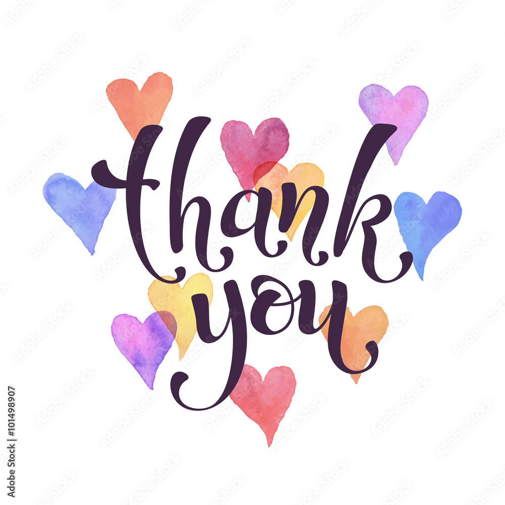 Thank you lettering with watercolor hearts on background. Modern calligraphy. Thank you postcard template.