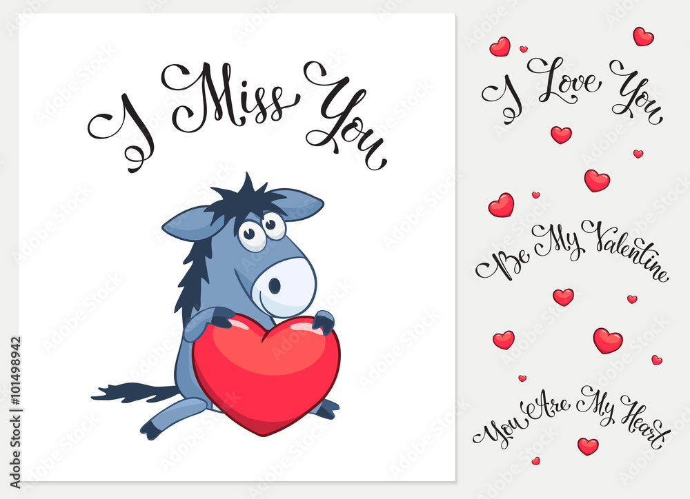 Cartoon animals with hearts. I love you. I miss you. Be my Valentine. You  are my Heart. Funny greeting card. Stock Vector | Adobe Stock