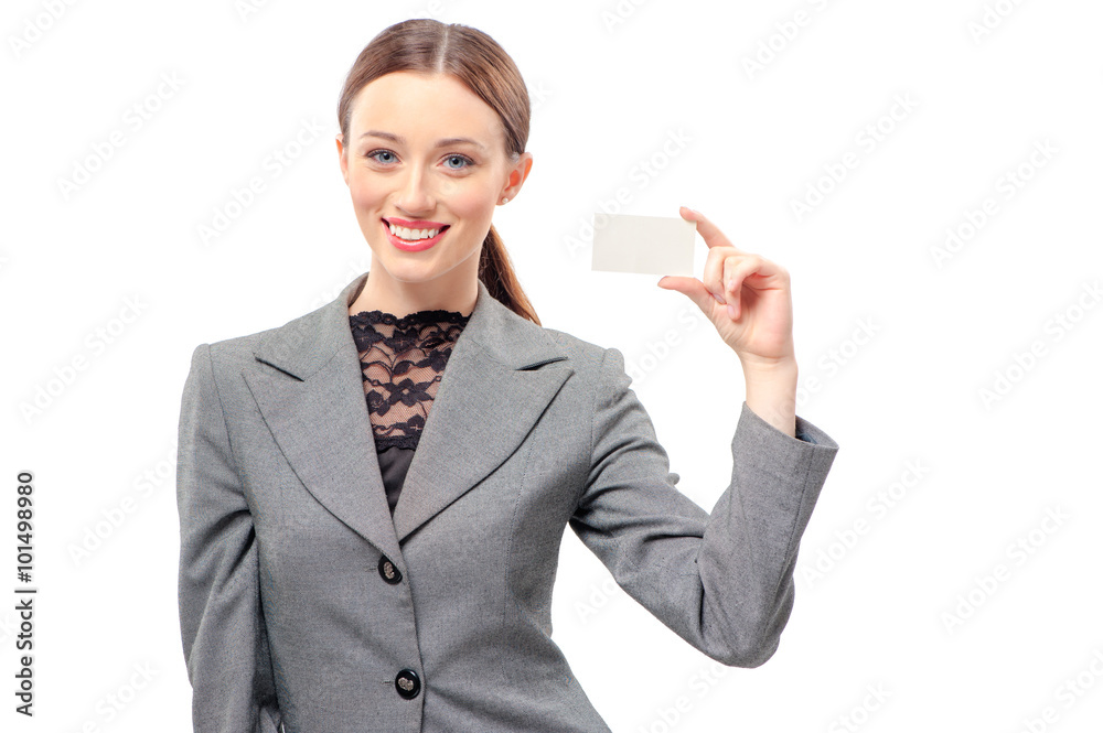 Businesswoman in formalwear hold white blank paper. Young smiling lady show blank card. Girl portrait isolated on white background. Businesswoman in formalwear hold white blank paper. Young smiling lady show blank card. Girl portrait isolated on white background.
