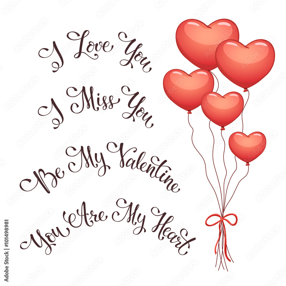 Modern calligraphy for Valentine's Day. I love you. I miss you.  Be my Valentine. You are my Heart. Hand drawn romantic pharses for greeting card.
