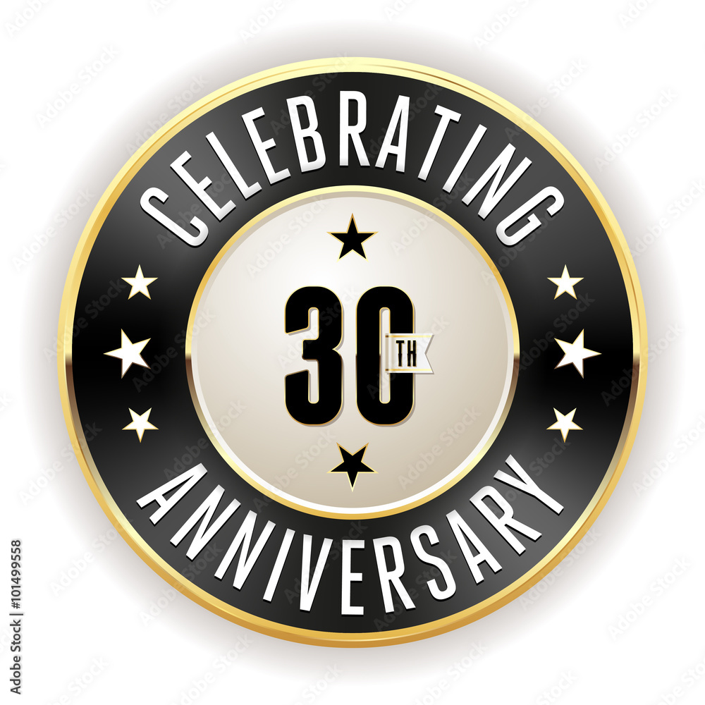 Black 30th anniversary badge with gold border on white background