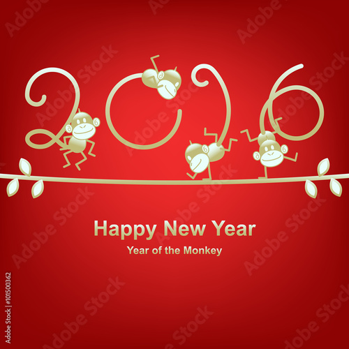 Chinese New Year 2016, year of the monkey. Gold funny monkeys on vine.