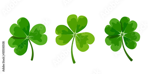 Fotografering Vector set of green clover leaves (shamrock) isolated on a white background