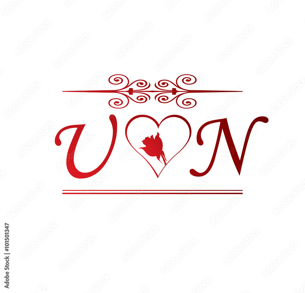 UN love initial with red heart and rose Stock Vector | Adobe Stock