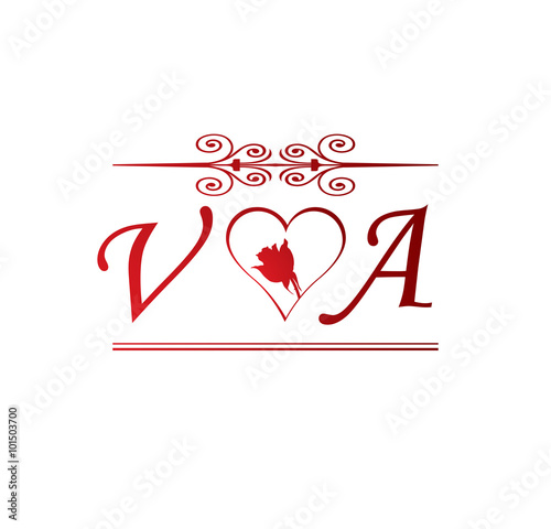 VA love initial with red heart and rose
