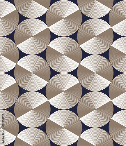 Optical illusion, seamless pattern of glossy circles on dark blue background with hexagonal grid. Vector metallic texture without gradient. Simple to edit. 