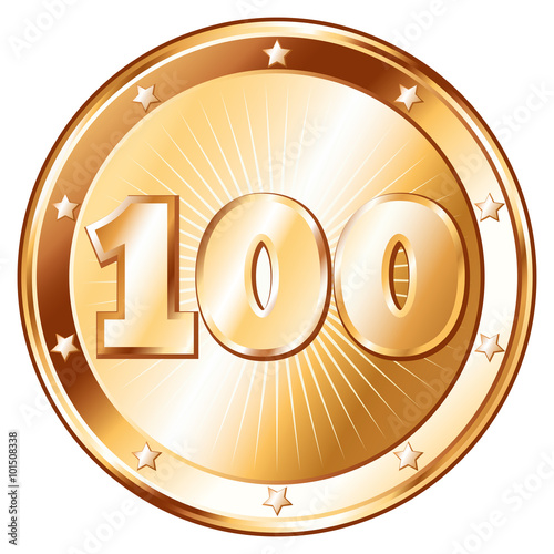 Round / circle shaped metal badge / seal of approval in bronze look and the number hundred. A 100 year jubilee celebration icon, 100th anniversary / centenary badge.