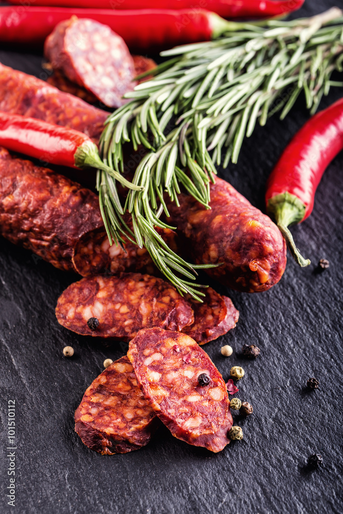 Sausage Chorizo. Spanish traditional chorizo sausage, with fresh herbs, garlic, pepper and chili peppers. Traditional cuisine.