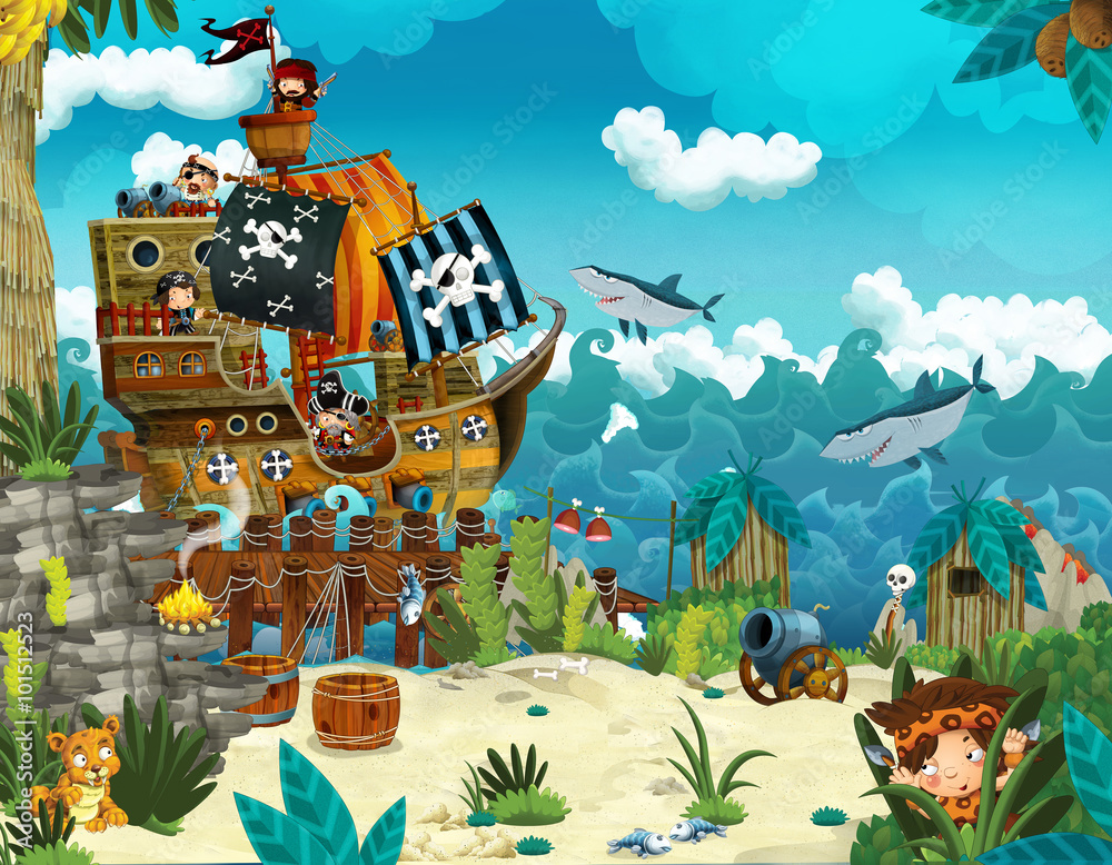 Naklejka premium Ilustracja kreskówka - piraci na dzikiej wyspie - ilustracja dla dzieci