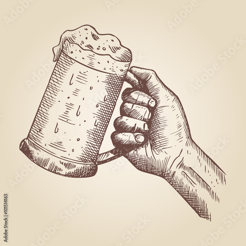 Hand drawn of  a hand holding beer making a toast