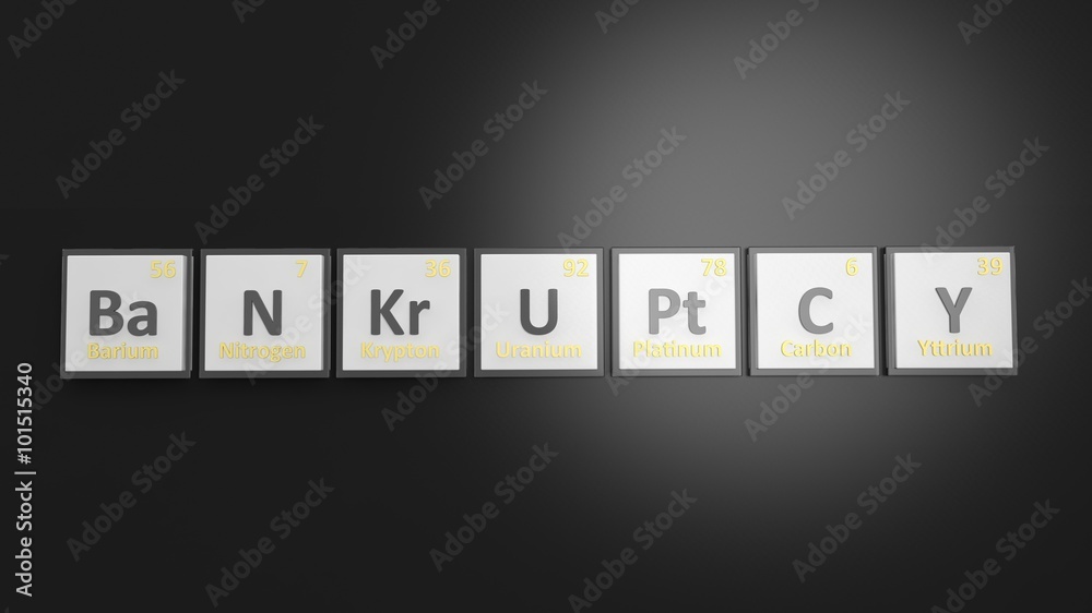 Periodic table of elements symbols used to form word Bankruptcy, isolated on black Periodic table of elements symbols used to form word Bankruptcy, isolated on black