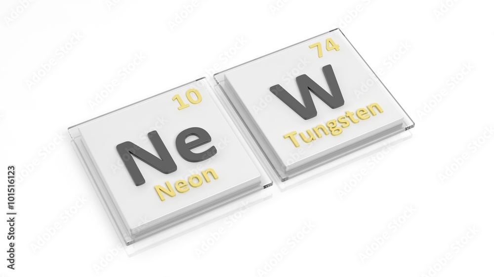 Periodic table of elements symbols used to form word New, isolated on white. Periodic table of elements symbols used to form word New, isolated on white.