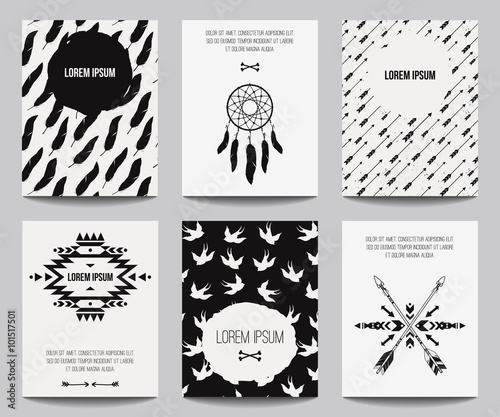 Vector set of modern posters with tribal elements: ethnic ornaments, arrows, dream catcher, feathers. Trendy boho style for banners, invitations, business design. Templates with american indian motifs