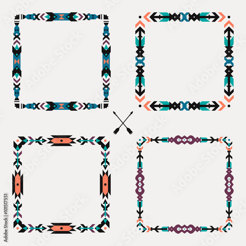Vector set with abstract geometric ethnic frames. Tribal graphic design elements. Boho style. American indian and aztec motifs.