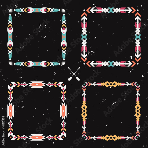 Vector set with abstract geometric ethnic frames. Tribal graphic design elements. Boho style. American indian and aztec motifs.