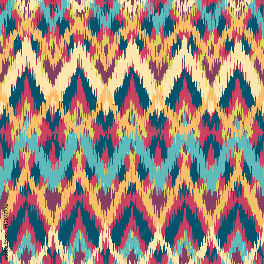 Vector colorful seamless ikat ethnic pattern. Zigzag graphic elements.