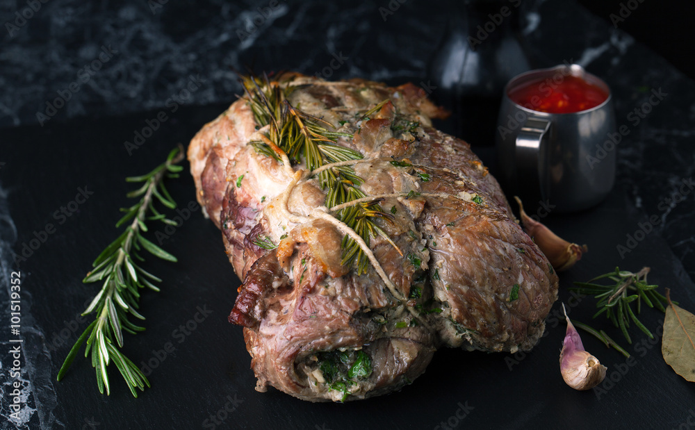 Fotografie Beef roulade with smoked bacon and rosemary