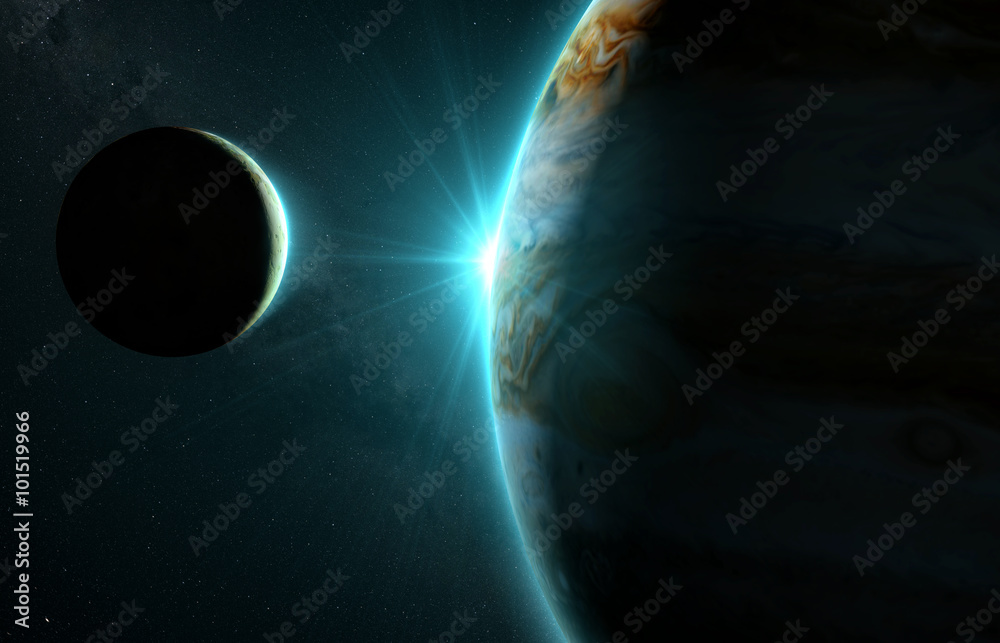 Fotografie Jupiter a měsíce Io s krásný západ slunce