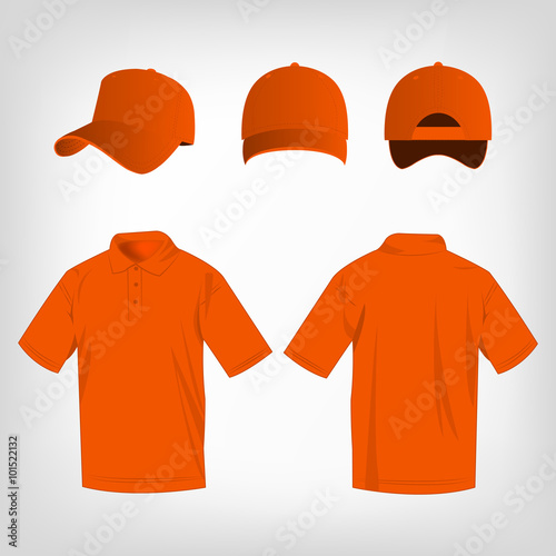Sport orange polo shirt and baseball cap isolated set vector