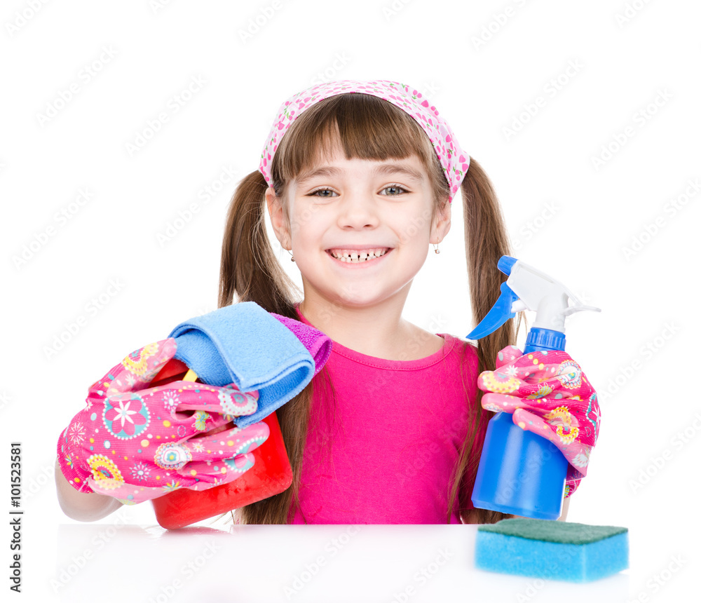 Girl with tools for house cleaning. isolated on white background Girl with tools for house cleaning. isolated on white background
