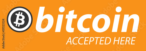 Bitcoin icon banner with text "bitcoin accepted here". Flat design vector illustration.