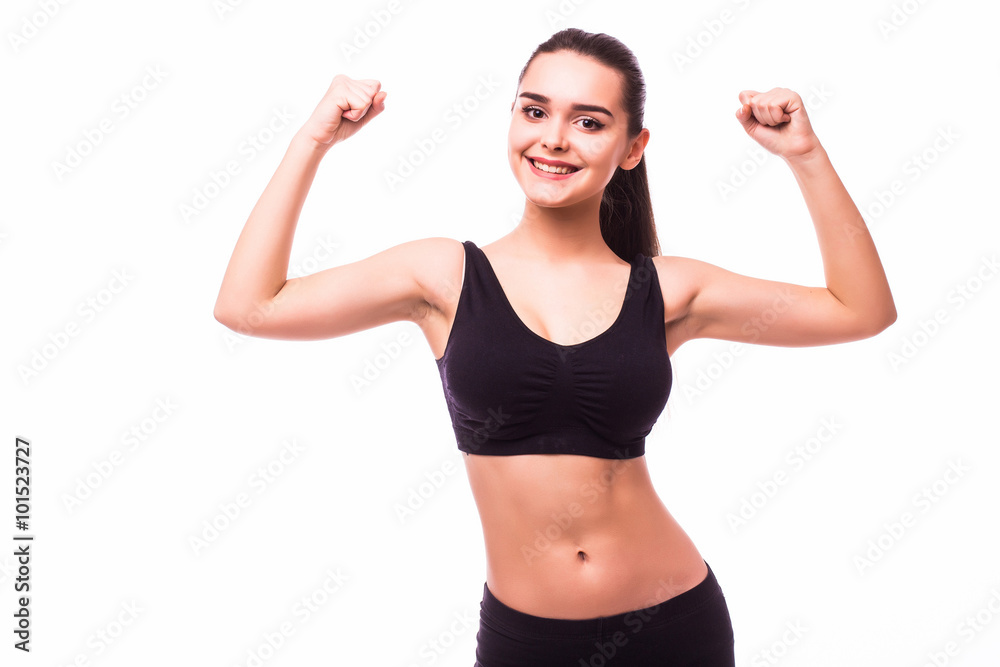 Portrait of beautiful young sporty muscular woman. Isolated over white background Portrait of beautiful young sporty muscular woman. Isolated over white background