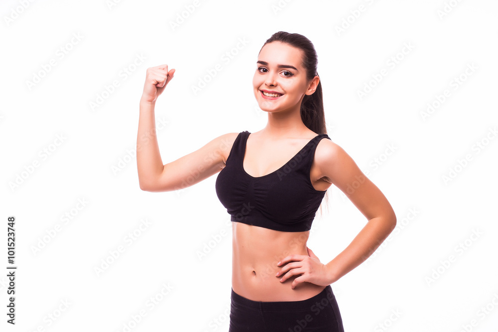 Portrait of beautiful young sporty muscular woman. Isolated over white background Portrait of beautiful young sporty muscular woman. Isolated over white background
