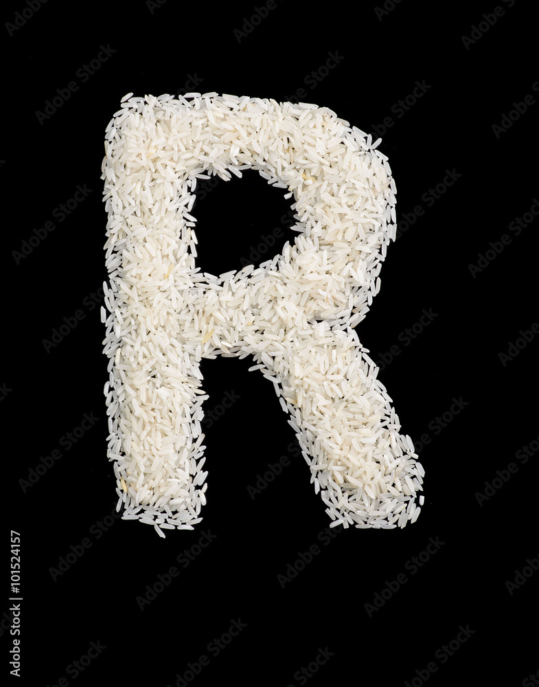 White rice grain alphabet letter r
