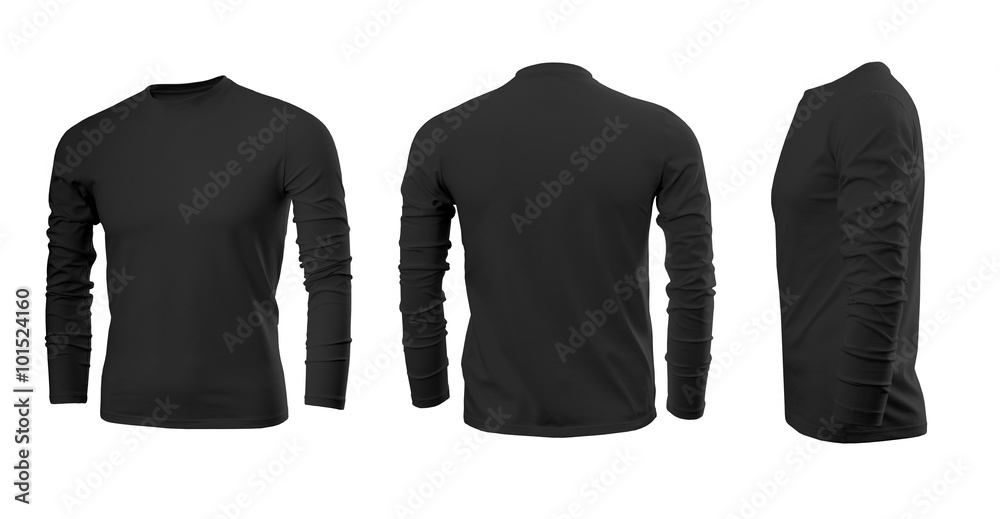 Black men's T-shirt with long sleeves with rear and side views on a white background - obrazy, fototapety, plakaty 
