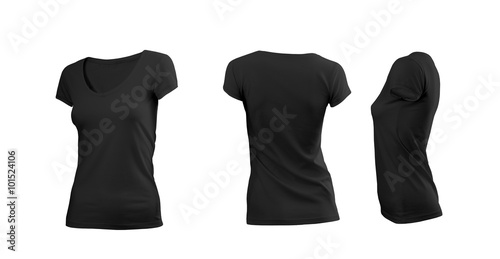 Black woman's T-shirt with short sleeves with rear and side view on a white background