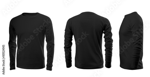 Black men's T-shirt with long sleeves with rear and side views on a white background