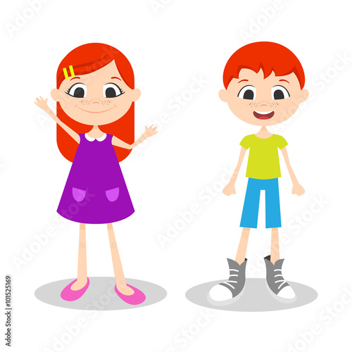Vector illustration of happy young boy and girl with freckles