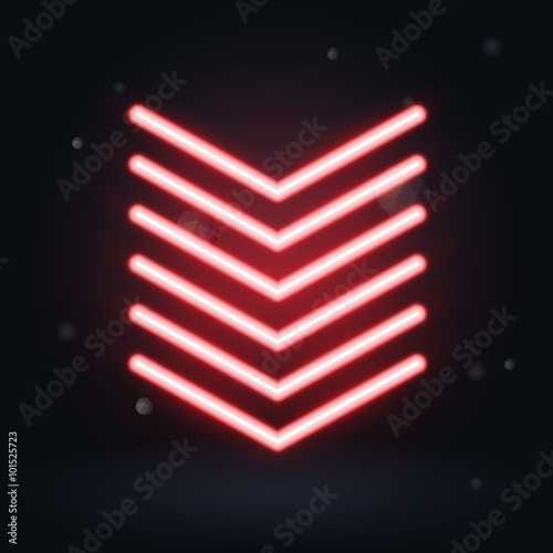 Vector glowing arrows on black background, down symbol
