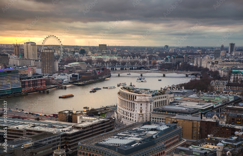 Panoramic view City of London at sunset. River Thames and London bridge