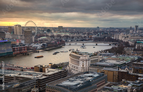Panoramic view City of London at sunset. River Thames and London bridge © IRStone