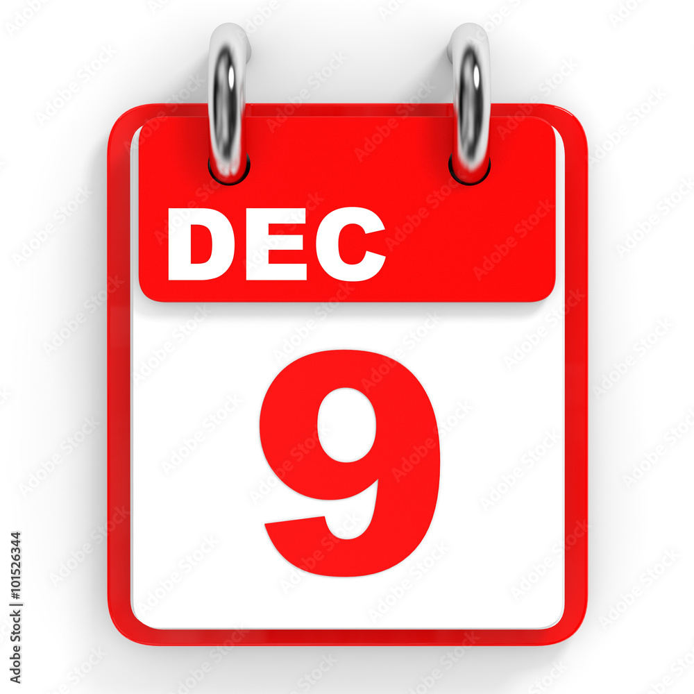 Calendar on white background. 9 December. Calendar on white background. 9 December.