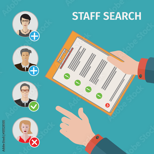 conceptual business illustration with list of requirements and employee icons, staff search