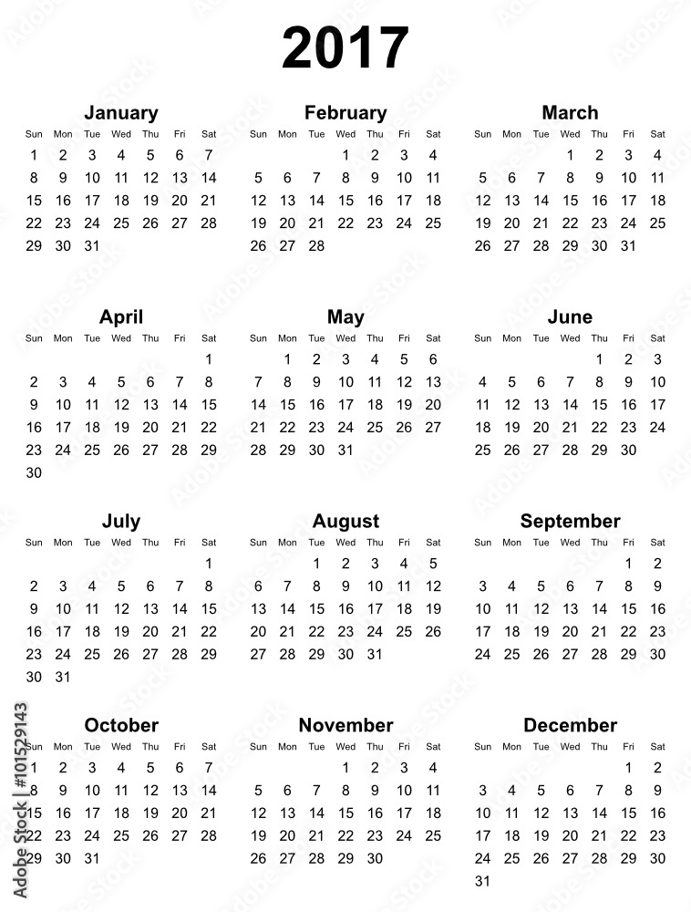 simple editable vector calendar 2017 on white background sunday first - obrazy, fototapety, plakaty 