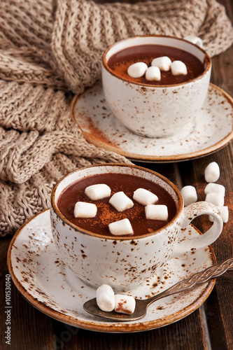 Homemade dark hot chocolate with marshmallows 