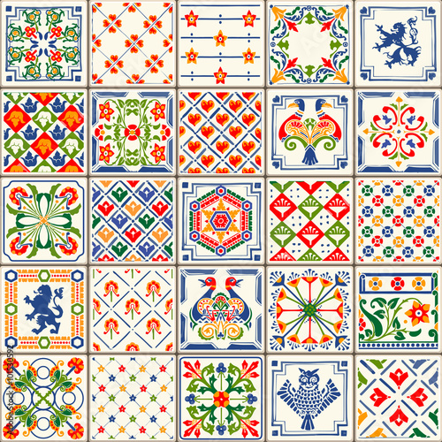 Indigo Blue Lisbon Paint Tile Floor Oriental Spain Ornament Collection Seamless Patchwork Pattern Colorful Painted Tin Portugal Ceramic Tilework Vintage Illustration background Vector Pattern Brocade