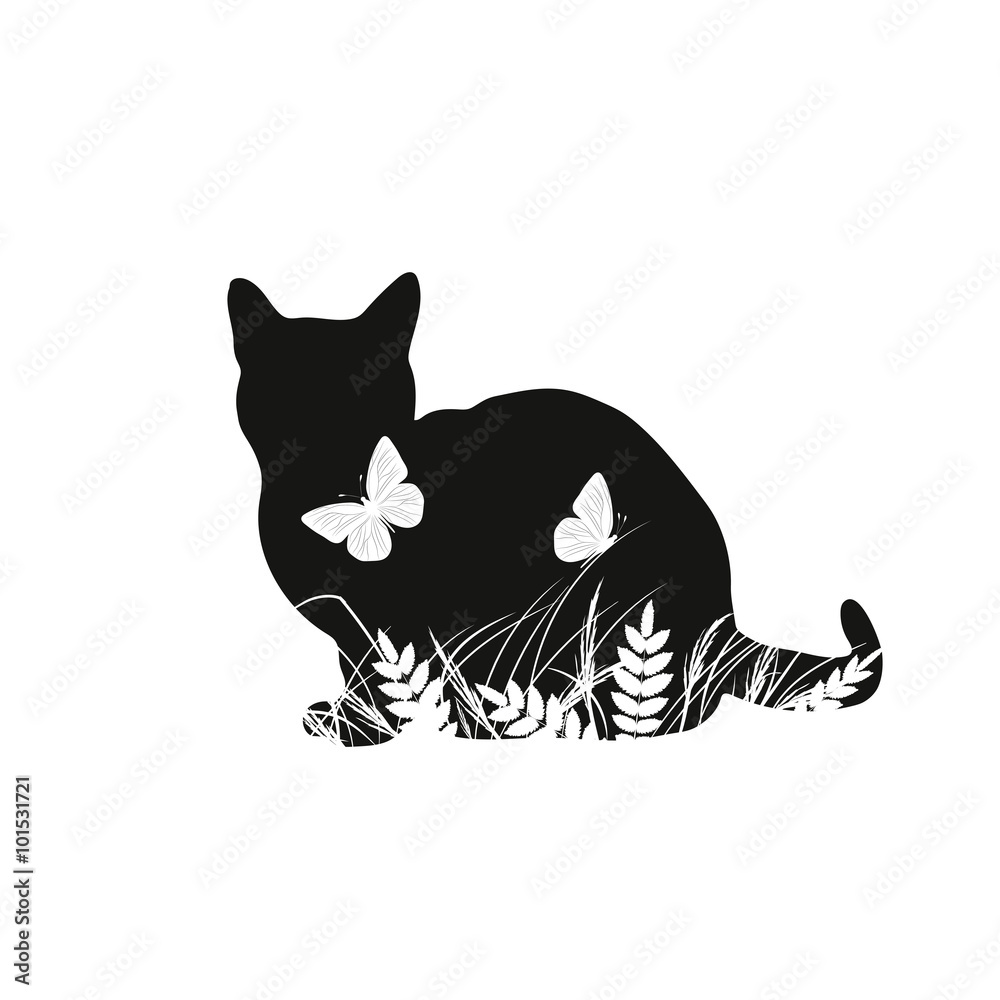 Silhouettes of cat with butterflies Silhouettes of cat with butterflies