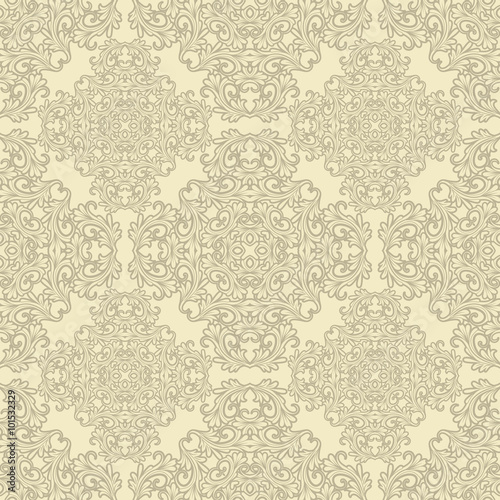 hand-drawn seamless pattern of stylized flora in pastel and light beige color. Vector illustration.