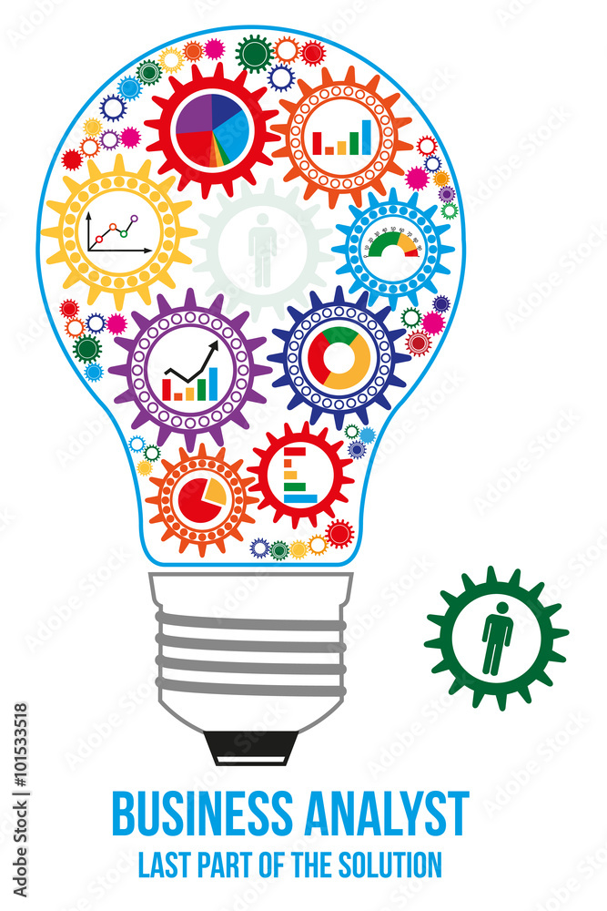 Business analyst design concept. Light bulb composed of interconnected gears with different kinds of business charts. Last gear is missed - that will connect all of them - last part of solution. Business analyst design concept. Light bulb composed of interconnected gears with different kinds of business charts. Last gear is missed - that will connect all of them - last part of solution.