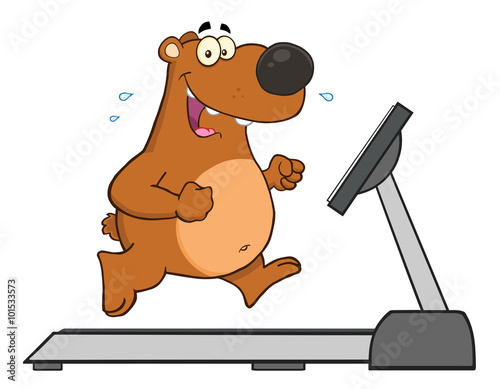 Smiling Brown Bear Cartoon Character Running On A Treadmill