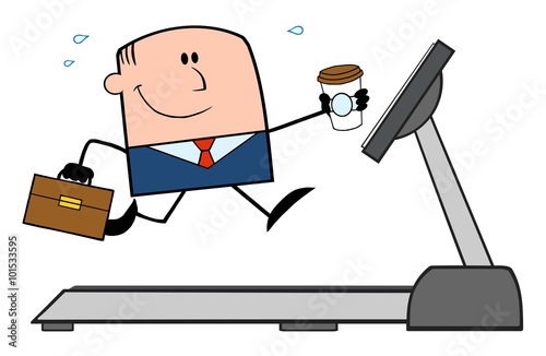 Happy Businessman Character Running On A Treadmill